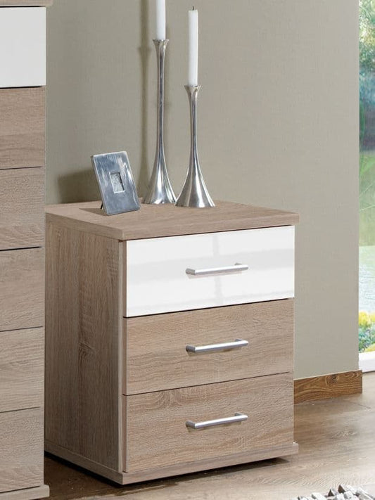 Snowflake White Gloss And Oak Effect 3 Drawer Bedside - 2971