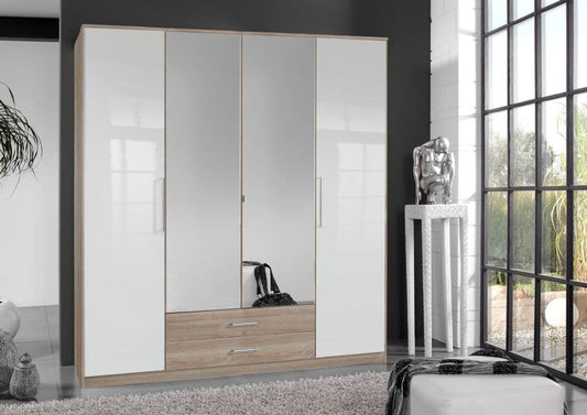 Snowflke White Gloss And Oak Effect 4 Door Wardrobe - 2968